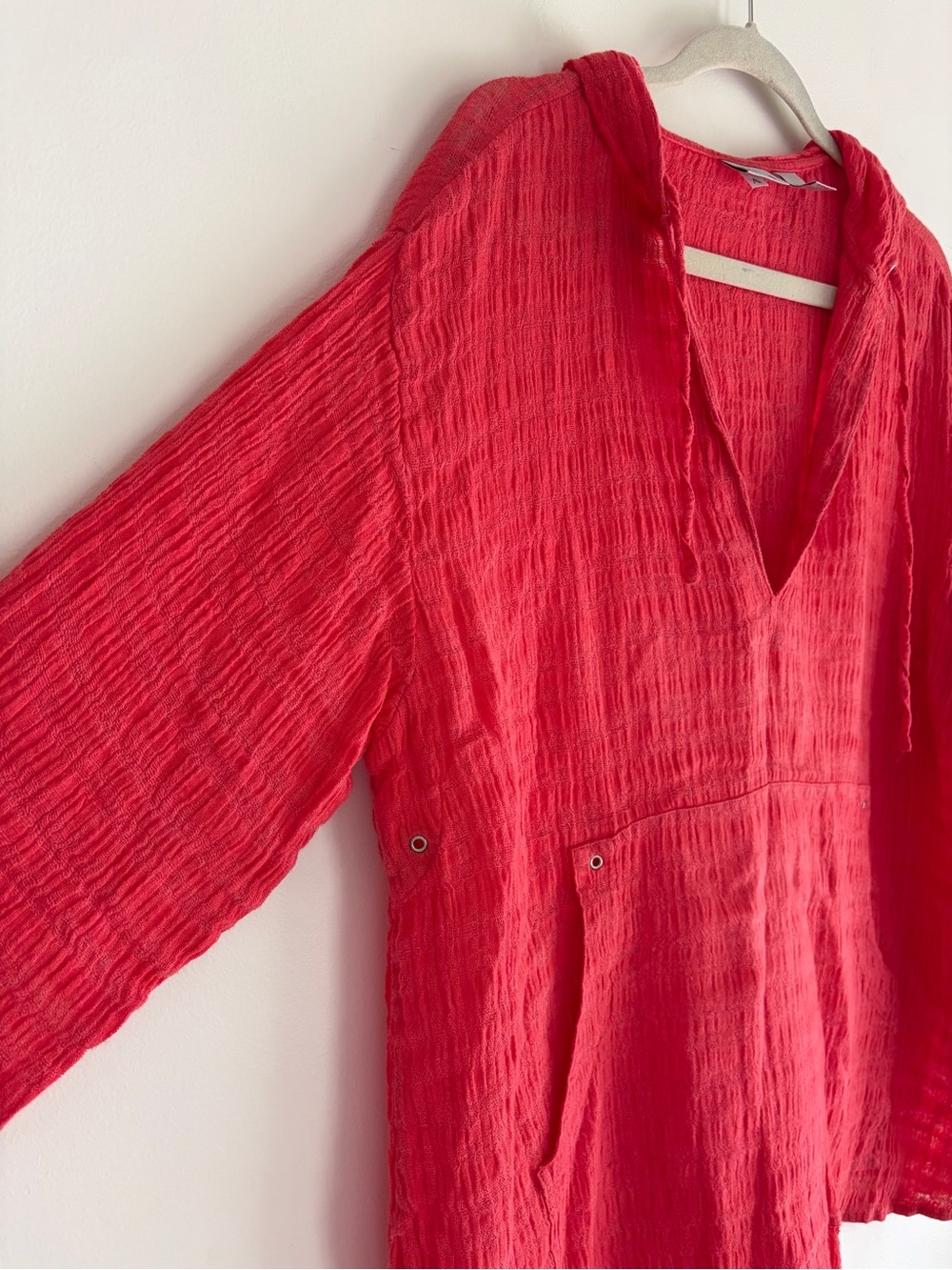 Chico's Coral Orange 100% Linen Gauzy Hooded Long Sleeve Blouse Size 3 - Picture 2 of 5